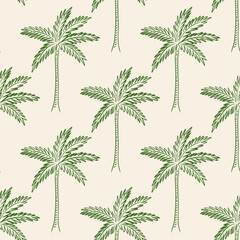 Seamless pattern with tropical palm tree in sketch style. Line art. Hand darwn green coconut palm, jungle plants. Summer vacation background. Beach print, botanical wallpaper. Vector illustration.