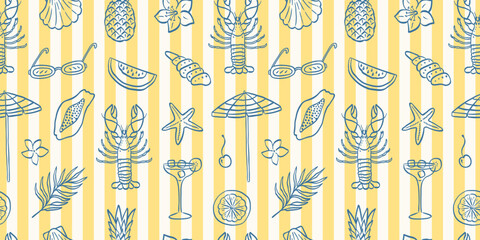 Italian summer vacation doodle seamless pattern. Mediterranean simple print. Hand drawn umbrella, flower, lobster shell, starfish, cocktail. Beach holiday background. Vector illustration.
