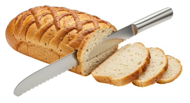 Isolated Loaf of Bread Being Sliced with Knife
