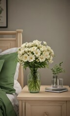 Elegant floral arrangement in bottle vase, beige nightstand, green bedding , green bedding, floral, botanical