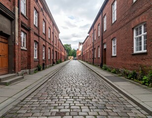 Fototapeta premium Charming Cobblestone Street with Historic Red Brick Buildings