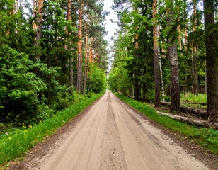Fototapeta premium Serene Gravel Pathway Through Lush Green Forest Landscape Scenery
