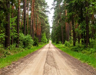 Obraz premium Serene Dirt Road through Lush Green Forest with Tall Trees