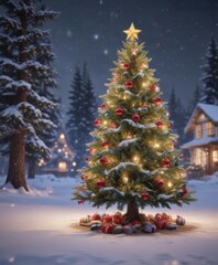 Obraz premium Festive Christmas tree, vibrant ornaments, twinkling lights, snowy winter scene , bokeh, element