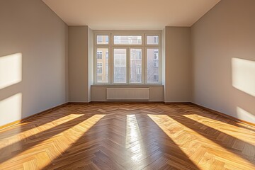 Empty room with sunlight highlighting hardwood floors.