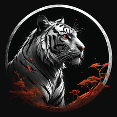 Blood Moon Warm, A Gothic Portrait Tiger in Ink and Flame, Tiger T-shirt Vector Design, Logo Type.