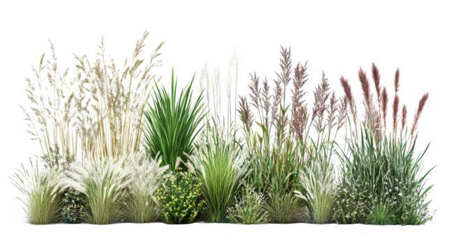 Row of tall ornamental grasses acting as soft garden divider, realistic depiction, isolated on transparent  background