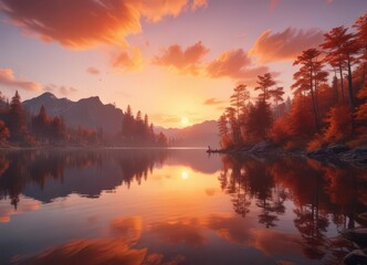 Naklejka premium Serene sunset paints tranquil lake with fiery hues, beautiful sunset, red