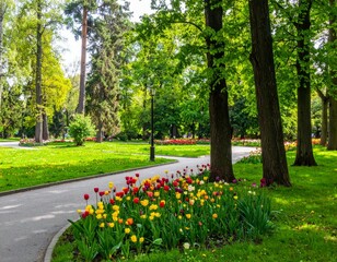 Obraz premium Colorful Tulips in Bloom Along a Serene Park Pathway
