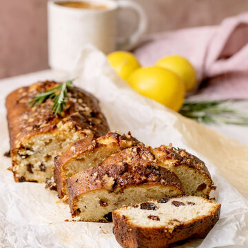 Homemade lemon cake with nuts and rosemary