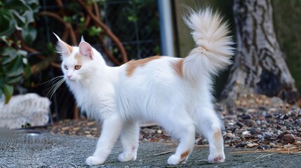 An enchanting Turkish Van cat is attractively presented. The Turkish Van, celebrated for its distinctive coat pattern and elegant appearance, has a semi - longhaired, water - resistant coat