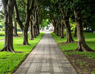 Fototapeta premium Serene Tree-Lined Pathway in Sunny Green Park with Lush Foliage