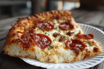 Delicious Pepperoni Pizza Slice on a White Plate: Close-up of Melted Cheese and Toppings on Wood Grain Background