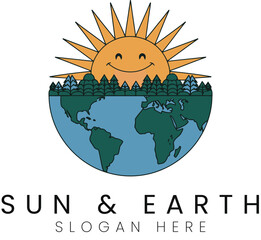 Smiling Sun Earth Nature Eco Friendly Green Planet day logo icon hope save cute world     