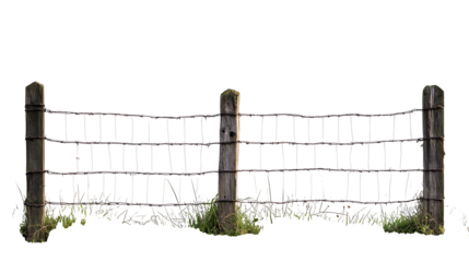 Simple wire fence section marking boundary of apiary, basic posts, ultra HD photo, isolated on transparent  background