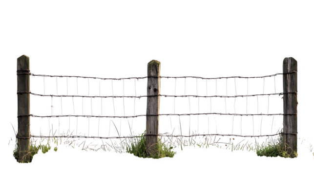 Simple wire fence section marking boundary of apiary, basic posts, ultra HD photo, isolated on transparent  background