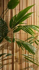A plant with green leaves is growing in front of a bamboo fence. The leaves are large and spread out, creating a sense of abundance and growth. The bamboo fence adds a natural