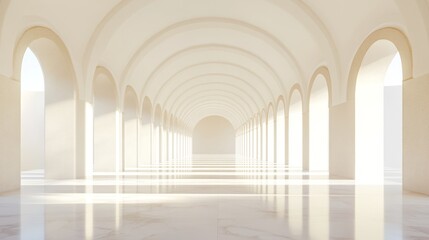 A sunlit, arched colonnade interior design.
