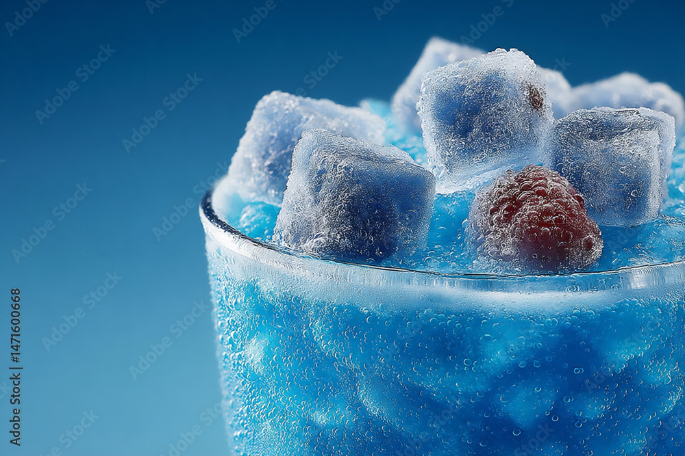 Poster a close-up of a glass of vibrant blue raspberry lemonade with floating ice shards and condensation.