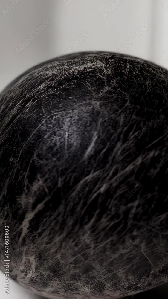 Poster textured sphere with detailed black and white pattern isolated on a light gray background, creating 