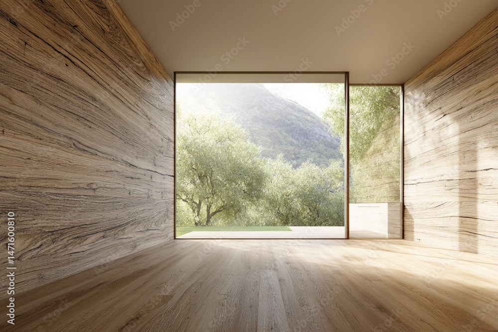Poster Empty room with wooden walls and floor, large window showing tranquil landscape, showcasing minimalist design and serene atmosphere, ideal for showcasing products or creating calming visuals