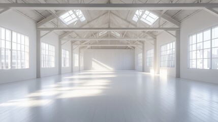 Empty, bright industrial loft interior design.