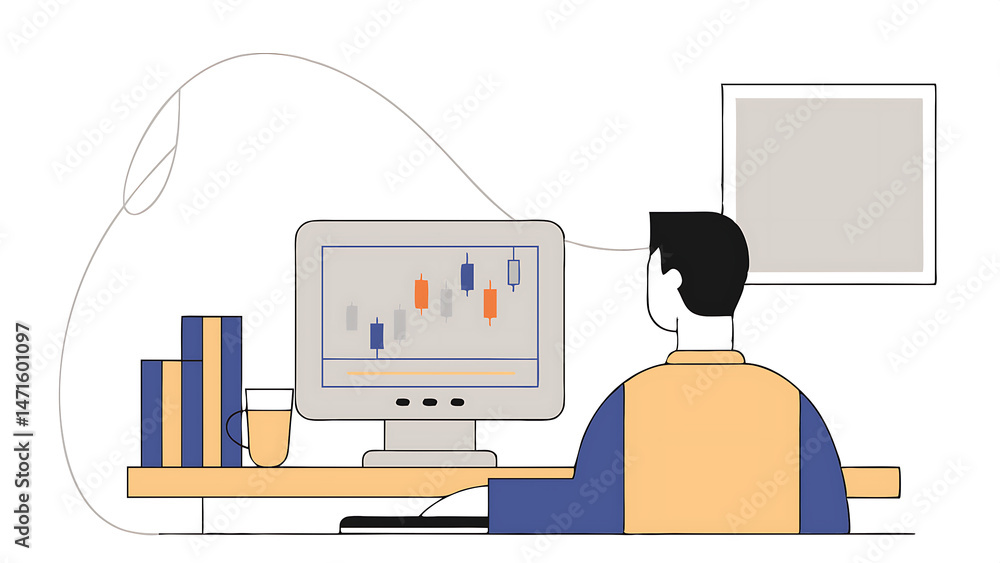 Aufkleber caucasian male stock trader using old desktop computer with financial candlestick chart in retro gar