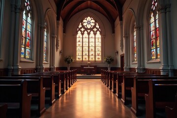 Fototapeta premium Serene church interior, stained glass illuminating quiet prayer space , beautiful, design, sanctuary