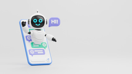 Chatbot AI Artificial Intelligence technology virtual conversation assistant support mobile smart phone online application chatting with customer service automatic answering. 3d rendering.