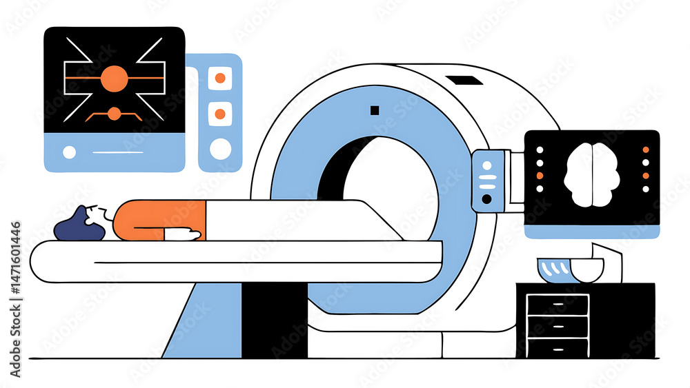 Poster female patient lying on a ct or pet or mri scan bed moving inside the machine while it scans her bra