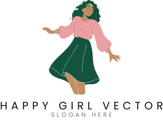 Happy Girl Vector Illustration Green Skirt Pink Sweater art cute flat pose woman style    
