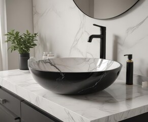 Glossy black vessel sink, off-white marble countertop, minimalist tapware ,  perspective,  interior,  bathroom