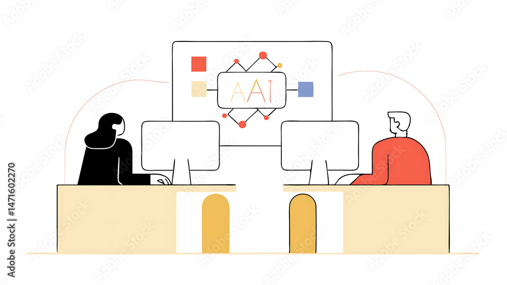 Poster multicultural man and young caucasian female working in a research center discussing a project with 