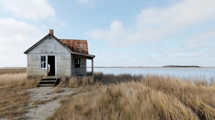 Abandoned Cabin on a Lake Shore lake abandoned house old house weathered shack remote cabin nature