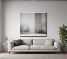 Grey couch, white wall, stylish poster gallery  ,  bright,  interior design,  calm