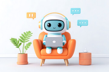 Cute cartoon robot using laptop with headphones chatting in relaxing living room environment