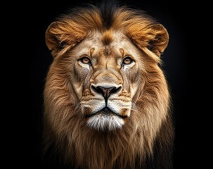 Fototapeta premium Majestic African lion portrait against a black background, showcasing its powerful gaze and golden mane. The image captures the wild beauty and regal nature of this magnificent creatur : Generative AI