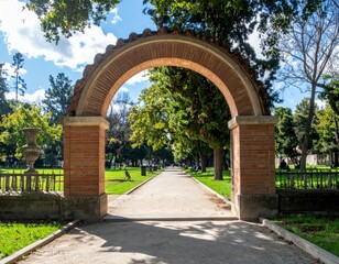 Beautiful archway in serene park with green trees and blue sky