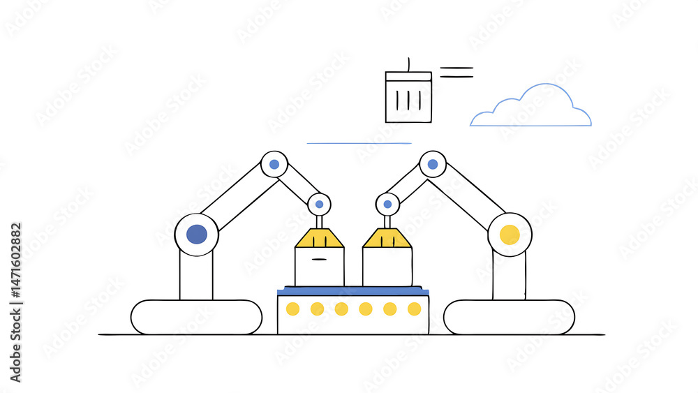 Poster aerial footage with electronics factory 3d concept automated robotic arm assembly line manufacturing