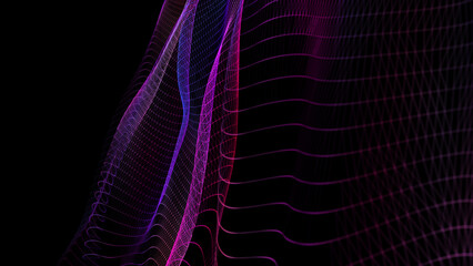 Abstract background with grid triangles wavy on in dark cyberspace. Concept dynamic data analysis in cyber quantum continuum. For technology, science and data visualization DOF.