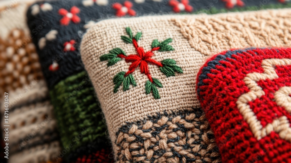 Poster handstitched concept, close-up of handstitched fabric coasters displaying intricate patterns and tex
