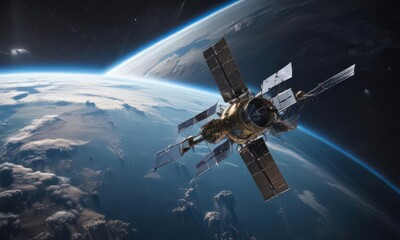 Obraz premium High-tech satellite orbiting Earth, broadcasting internet access , galaxy, power