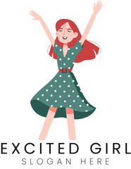 Happy Excited Young Woman in Polka Dot Dress red fun art girl dots hair cute flat green   