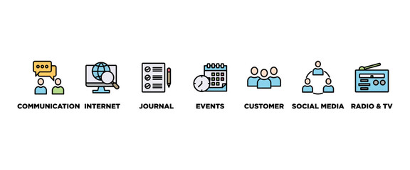 Public relations - pr banner web icon vector illustration concept with icon of communication, internet, journal, events, radio, tv, social media, and customer