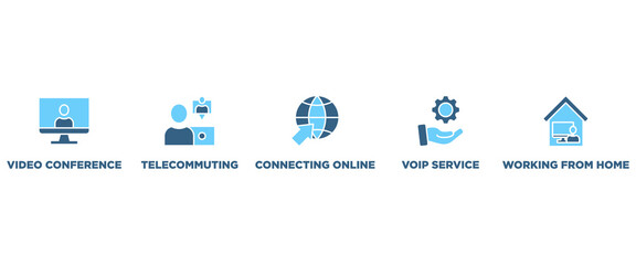 Remote working banner web icon vector illustration concept for working at home with icon of video conference, telecommuting, connecting online, voip, and working from home