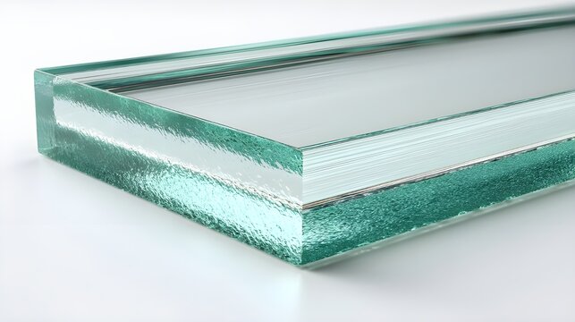 Slice of laminated safety glass layer front view illustrating impact resistance and architectural protective glazing