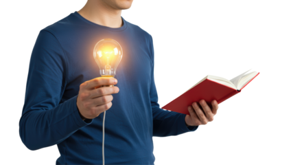 Isolated Man with Light Bulb and Book