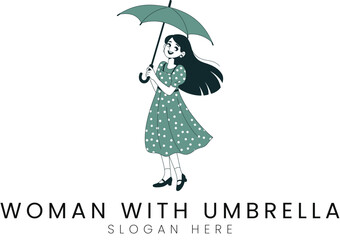 Happy Woman Holding Green Umbrella Stylish Dress art girl cute rain dots flat icon logo   