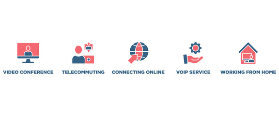 Remote working banner web icon vector illustration concept for working at home with icon of video conference, telecommuting, connecting online, voip, and working from home