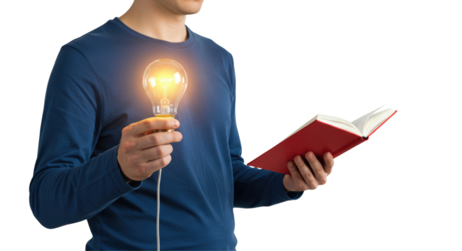 Isolated Man with Light Bulb and Book